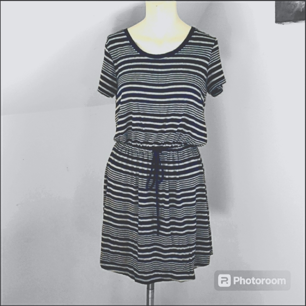 Olive & Oak Women's Navy & Gray Stripe Drawstring Waist Shirt Dress, Size M - Picture 4 of 16